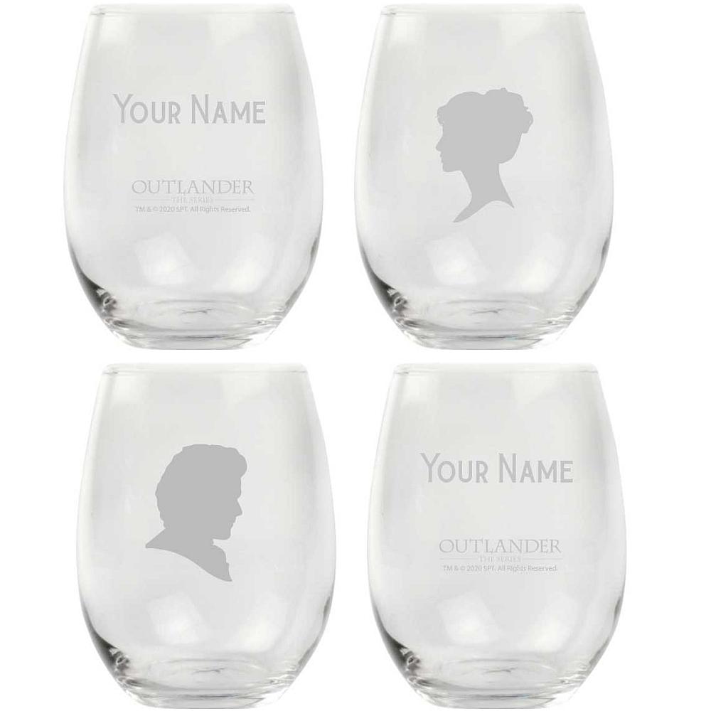 Set of two personalized Outlander stemless wine glasses